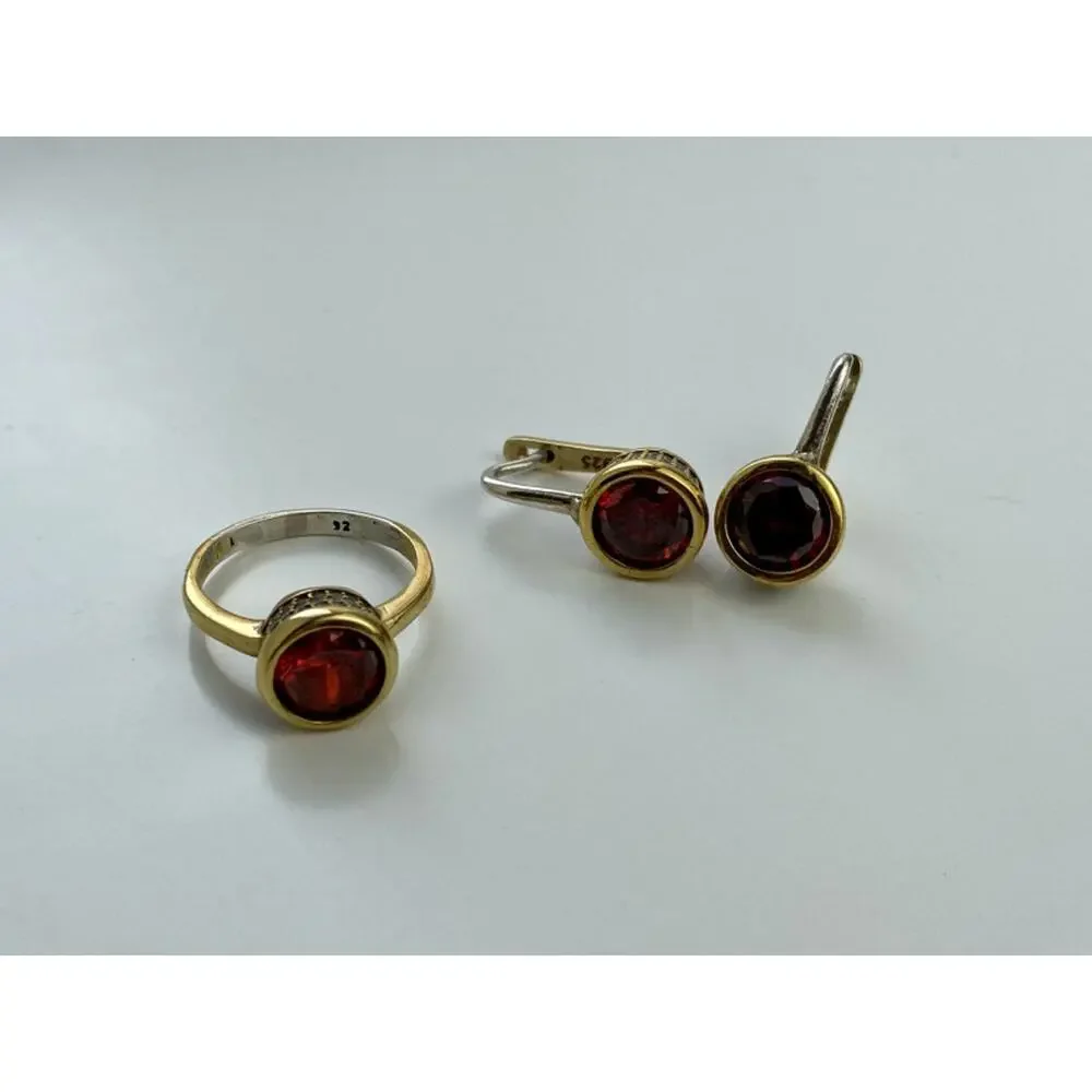 925 STERLING SILVER GOLD PLATED GARNET & CZ JEWELRY SET TURKEY
